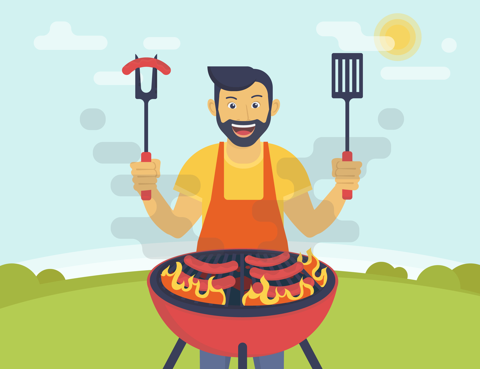 Funny hipster wearing beard is cooking bbq for his friends.